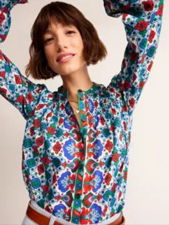 Boden Tops - Boden Helena Cotton Multicolor Floral-Print Smocked Button-Front Blouse